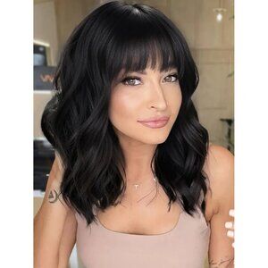 Black Wavy Synthetic Wig With Bangs Adjustable Cap 14" Length - Soft & Ventilate